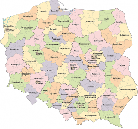 The division of Poland into NUTS 3 units, effective since 1 January 2018 (the boundaries of voivodships and powiats are given as at 1 January 2018)