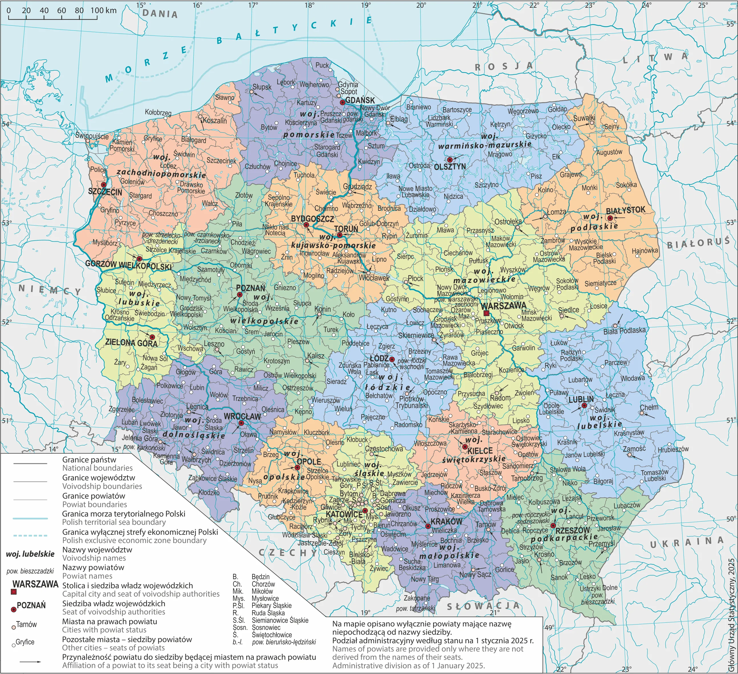  Podział administracyjny Polski na województwa i powiaty w dniu 1 stycznia 2025 r.
