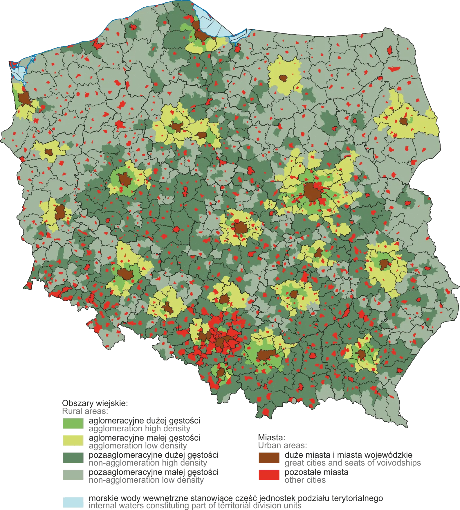 Mapa Polski przedstawiająca delimitację obszarów wiejskich w 2025 r. Dane do pobrania w pliku XLSX poniżej